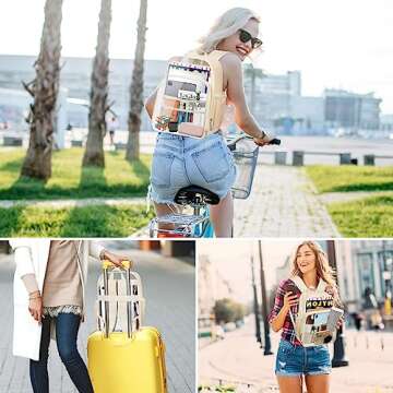 KETIEE Clear Backpack Heavy Duty: Clear Bag for Stadium Events, TPU & Leather Transparent Backpacks for Women and Men, Large Waterproof Clear Book Bag for School Travel Work Sports Concerts (Beige)