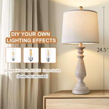 PORTRES 24.5" Mid Century Single Table Lamp for Living Room Farmhouse Linen Bedside Lamps for Bedroom Kids Room Dorm Office Rustic Lamps for End Table Nigntstand Resin