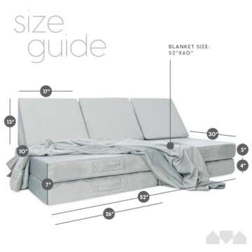 Milliard Kids 7pcs Modular Sectional Sofa - Foam Play Couch - Soft Washable Grey Velour, Includes Bonus Blanket - Toddler Couch, Perfect for Playroom and Bedroom - Modular Couch Kids - 52x30x20in