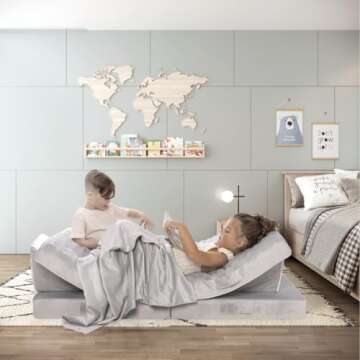 Milliard Kids 7pcs Modular Sectional Sofa - Foam Play Couch - Soft Washable Grey Velour, Includes Bonus Blanket - Toddler Couch, Perfect for Playroom and Bedroom - Modular Couch Kids - 52x30x20in