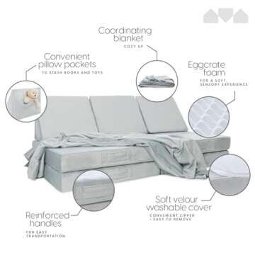 Milliard Kids 7pcs Modular Sectional Sofa - Foam Play Couch - Soft Washable Grey Velour, Includes Bonus Blanket - Toddler Couch, Perfect for Playroom and Bedroom - Modular Couch Kids - 52x30x20in