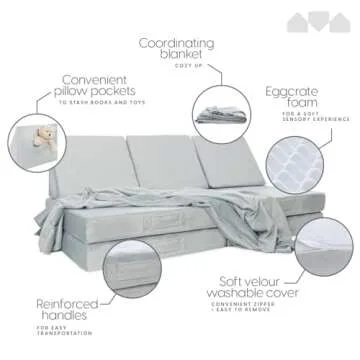 Milliard Kids 7pcs Modular Sectional Sofa - Foam Play Couch - Soft Washable Grey Velour, Includes Bonus Blanket - Toddler Couch, Perfect for Playroom and Bedroom - Modular Couch Kids - 52x30x20in