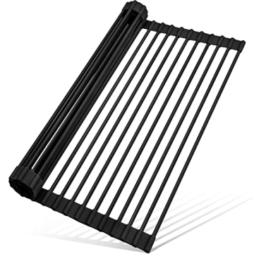 MERRYBOX Roll Up Dish Drying Rack Silicone Wrapped Over The Sink Dish Drying Rack Multipurpose Foldable Sink Drying Mat Anti-Slip & Anti-Rust Dish Rack for Kitchen, 17.5" x 13", Black