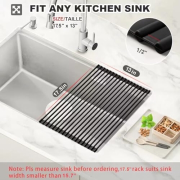 MERRYBOX Roll Up Dish Drying Rack Silicone Wrapped Over The Sink Dish Drying Rack Multipurpose Foldable Sink Drying Mat Anti-Slip & Anti-Rust Dish Rack for Kitchen, 17.5" x 13", Black
