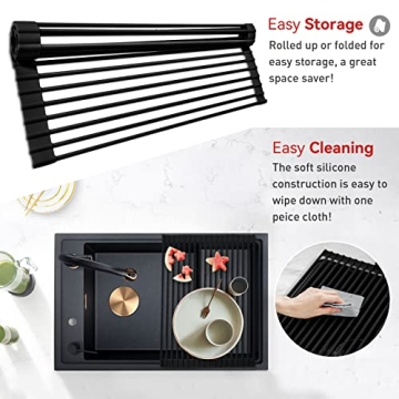MERRYBOX Roll Up Dish Drying Rack Silicone Wrapped Over The Sink Dish Drying Rack Multipurpose Foldable Sink Drying Mat Anti-Slip & Anti-Rust Dish Rack for Kitchen, 17.5" x 13", Black