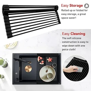 MERRYBOX Roll Up Dish Drying Rack Silicone Wrapped Over The Sink Dish Drying Rack Multipurpose Foldable Sink Drying Mat Anti-Slip & Anti-Rust Dish Rack for Kitchen, 17.5" x 13", Black