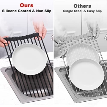 MERRYBOX Roll Up Dish Drying Rack Silicone Wrapped Over The Sink Dish Drying Rack Multipurpose Foldable Sink Drying Mat Anti-Slip & Anti-Rust Dish Rack for Kitchen, 17.5" x 13", Black