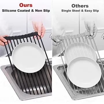 MERRYBOX Roll Up Dish Drying Rack Silicone Wrapped Over The Sink Dish Drying Rack Multipurpose Foldable Sink Drying Mat Anti-Slip & Anti-Rust Dish Rack for Kitchen, 17.5" x 13", Black