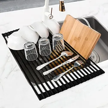 MERRYBOX Roll Up Dish Drying Rack Silicone Wrapped Over The Sink Dish Drying Rack Multipurpose Foldable Sink Drying Mat Anti-Slip & Anti-Rust Dish Rack for Kitchen, 17.5" x 13", Black