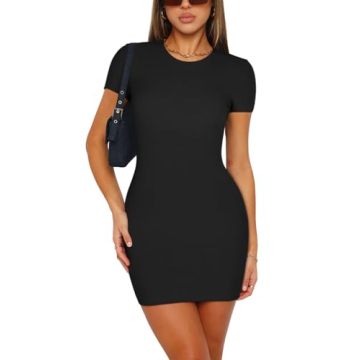 REORIA Womens Summer Sexy Crew Neck Casual Bodycon Elegant Short Sleeve Ribbed Party Club Trendy Nig...