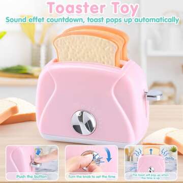 Play Kitchen Appliances Toys - Kids Kitchen Playset Accessories, Pretend Play Toy Sets with Coffee Maker, Mixer, Toaster with Realistic Lights & Sounds, Gifts for Toddler Girls Ages 2 3 4 5 6 7