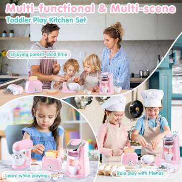 Play Kitchen Appliances Toys - Kids Kitchen Playset Accessories, Pretend Play Toy Sets with Coffee Maker, Mixer, Toaster with Realistic Lights & Sounds, Gifts for Toddler Girls Ages 2 3 4 5 6 7