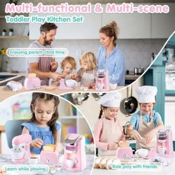 Play Kitchen Appliances Toys - Kids Kitchen Playset Accessories, Pretend Play Toy Sets with Coffee Maker, Mixer, Toaster with Realistic Lights & Sounds, Gifts for Toddler Girls Ages 2 3 4 5 6 7