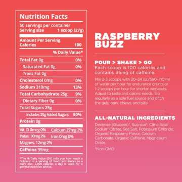 Tailwind Nutrition Endurance Fuel, Electrolyte & Hydration Sports Drink Mix Powder with Caffeine, Gluten-Free, Vegan, Raspberry Buzz, 50 Servings (Caffeinated)