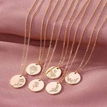 MEVECCO Birth Flower Necklace 18k Gold Engraved Custom Floral Pendant Necklaces Dainty Birth Month Flower Disc Charm Hand Stamped Flower Disk Necklace Personalized Jewelry Birthday Gift for Her