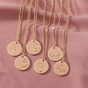 MEVECCO Birth Flower Necklace 18k Gold Engraved Custom Floral Pendant Necklaces Dainty Birth Month Flower Disc Charm Hand Stamped Flower Disk Necklace Personalized Jewelry Birthday Gift for Her
