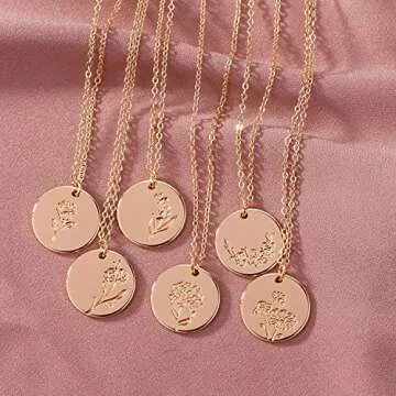 MEVECCO Birth Flower Necklace 18k Gold Engraved Custom Floral Pendant Necklaces Dainty Birth Month Flower Disc Charm Hand Stamped Flower Disk Necklace Personalized Jewelry Birthday Gift for Her