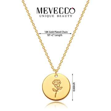 MEVECCO Birth Flower Necklace 18k Gold Engraved Custom Floral Pendant Necklaces Dainty Birth Month Flower Disc Charm Hand Stamped Flower Disk Necklace Personalized Jewelry Birthday Gift for Her