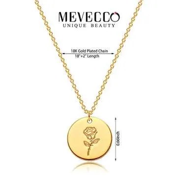 MEVECCO Birth Flower Necklace 18k Gold Engraved Custom Floral Pendant Necklaces Dainty Birth Month Flower Disc Charm Hand Stamped Flower Disk Necklace Personalized Jewelry Birthday Gift for Her