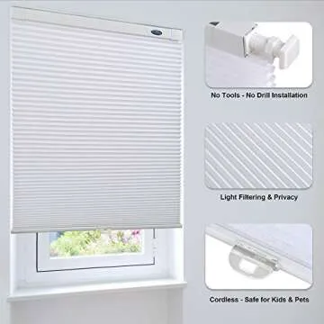 LazBlinds Cordless Cellular Shades, No Tools No Drill Light Filtering Honeycomb Shades Pleated Blinds for Windows, 34'' W x 64'' H, White