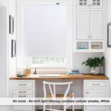 LazBlinds Cordless Cellular Shades, No Tools No Drill Light Filtering Honeycomb Shades Pleated Blinds for Windows, 34'' W x 64'' H, White