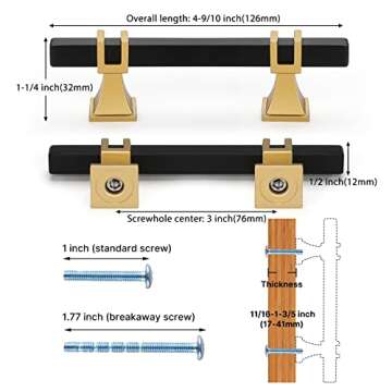 Haliwu 10 Pack Black and Gold Cabinet Pulls, 3 inch Kitchen Handles, Square Dresser Drawer Hardware