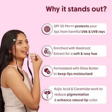 Aravi Organic Beetroot Lip Balm | SPF 50 PA+++ & Kojic Acid | Hydrating & Brightening with Ceramides...