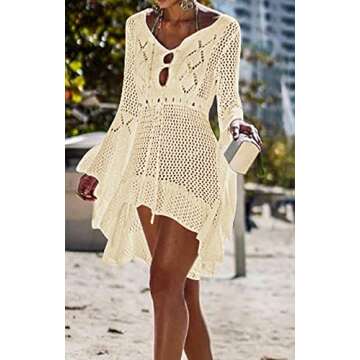 Wander Agio Beach Tops Sexy Floral Cover Dresses Bikini Cover-ups Net Hollow Out Dark Beige