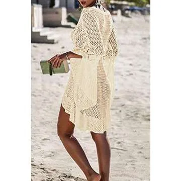 Wander Agio Beach Tops Sexy Floral Cover Dresses Bikini Cover-ups Net Hollow Out Dark Beige