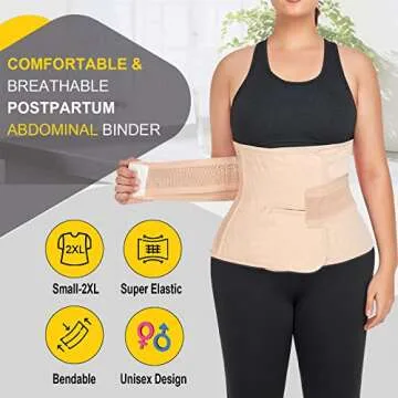 QEESMEI Postpartum Belly Band Abdominal Binder Post Surgery C-section Belly Binder Wrap Girdle Recovery Belt Back Support (Nude, Small/Medium)