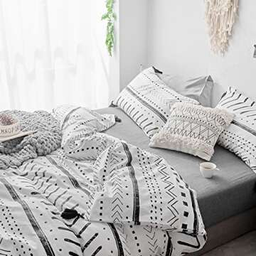 VClife Cotton Duvet Cover Queen - White Black Arrow Herringbone Duvet Cover Set Queen Size, Boho Bedding Set for All Seasons, 3 Pieces Shabby Chic Home Bedding Duvet Cover Set for Boy Girl