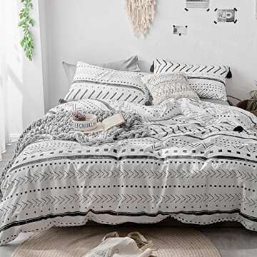 VClife Cotton Duvet Cover Queen - White Black Arrow Herringbone Duvet Cover Set Queen Size, Boho Bedding Set for All Seasons, 3 Pieces Shabby Chic Home Bedding Duvet Cover Set for Boy Girl