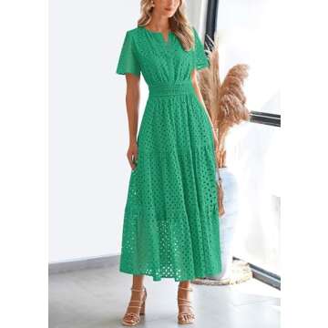 PRETTYGARDEN Womens 2025 Summer Maxi Dress Short Sleeve V Neck Hollow Out Eyelet A Line Long Flowy Beach Vacation Dresses (Green,Medium)