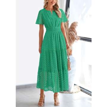 PRETTYGARDEN Womens 2025 Summer Maxi Dress Short Sleeve V Neck Hollow Out Eyelet A Line Long Flowy Beach Vacation Dresses (Green,Medium)