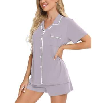 SWOMOG Women's Button Down Pajamas Set - Short Sleeve Sleepwear for Moms, XS-3XL, Lilac Purple