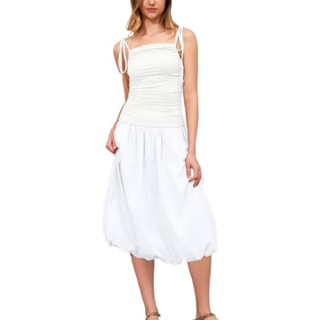 calbatic Women Sleeveless Summer Dress Square Neck Ruched Midi Dress Bubble Hem Adjustable Straps Va...
