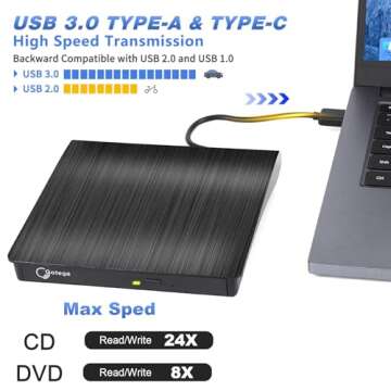Gotega External DVD Drive, USB 3.0 Portable +/-RW, DVD Player for CD ROM Burner Compatible with Laptop Desktop PC Windows Linux OS Apple Mac Black