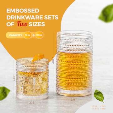 FULGNU Hobnail Drinking Glasses Set of 12, 11.8 oz Vintage Glasses Drinking Set & 10 oz Cocktail Glasses Set, Embossed Glass Cups for Kitchen, Beer, Juice, Cocktail, Whiskey, Milk