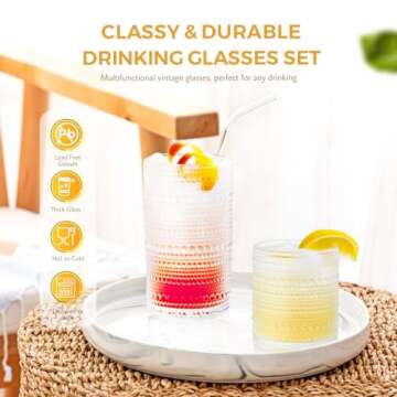 FULGNU Hobnail Drinking Glasses Set of 12, 11.8 oz Vintage Glasses Drinking Set & 10 oz Cocktail Glasses Set, Embossed Glass Cups for Kitchen, Beer, Juice, Cocktail, Whiskey, Milk