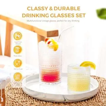 FULGNU Hobnail Drinking Glasses Set of 12, 11.8 oz Vintage Glasses Drinking Set & 10 oz Cocktail Glasses Set, Embossed Glass Cups for Kitchen, Beer, Juice, Cocktail, Whiskey, Milk