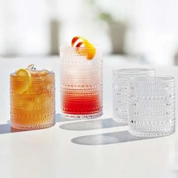 FULGNU Hobnail Drinking Glasses Set of 12, 11.8 oz Vintage Glasses Drinking Set & 10 oz Cocktail Glasses Set, Embossed Glass Cups for Kitchen, Beer, Juice, Cocktail, Whiskey, Milk