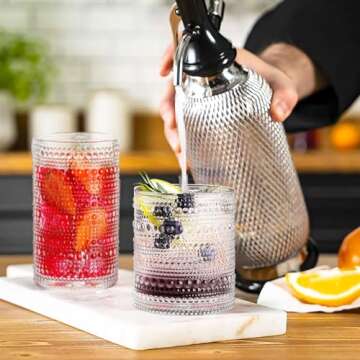 FULGNU Hobnail Drinking Glasses Set of 12, 11.8 oz Vintage Glasses Drinking Set & 10 oz Cocktail Glasses Set, Embossed Glass Cups for Kitchen, Beer, Juice, Cocktail, Whiskey, Milk