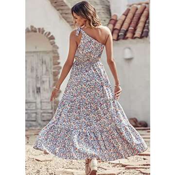 PRETTYGARDEN Women's Summer Floral Maxi Dress Knot One Shoulder Sleeveless Ruffle Flowy Boho Beach Wedding Guest Dresses(Blue White,Medium)