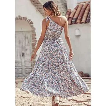 PRETTYGARDEN Women's Summer Floral Maxi Dress Knot One Shoulder Sleeveless Ruffle Flowy Boho Beach Wedding Guest Dresses(Blue White,Medium)
