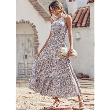 PRETTYGARDEN Women's Summer Floral Maxi Dress Knot One Shoulder Sleeveless Ruffle Flowy Boho Beach Wedding Guest Dresses(Blue White,Medium)