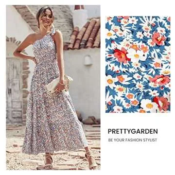 PRETTYGARDEN Women's Summer Floral Maxi Dress Knot One Shoulder Sleeveless Ruffle Flowy Boho Beach Wedding Guest Dresses(Blue White,Medium)