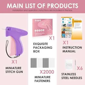 Stitch Gun for Clothes - Handheld Stitch Gun Quick Clothing Fixer - Mini Sewing Kit Micro Tagging Gun - Includes 6 Needle, 1000 Black Fasteners & 1000 White Fasteners (Purple)