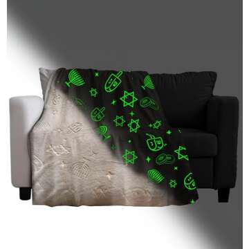 Glow in The Dark Blanket – Soft Flannel Throw with Menorah, Dreidels & Jewish Stars for Kids & Adults – Cozy, Plush, and Machine Washable – All Season Holiday Blanket