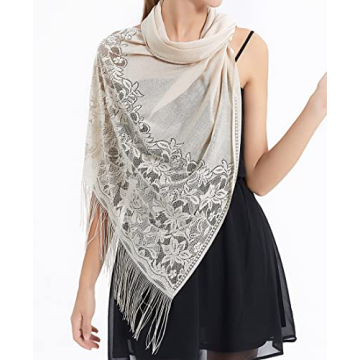 RIIQIICHY Women's Floral Lace Mesh Party Prom Wedding Shawl Scarf with Fringe