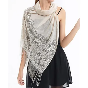 RIIQIICHY Women's Floral Lace Mesh Party Prom Wedding Shawl Scarf with Fringe